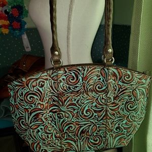 PATRICIA NASH EUC TOOLED TURQUOISE LEATHER Tote.